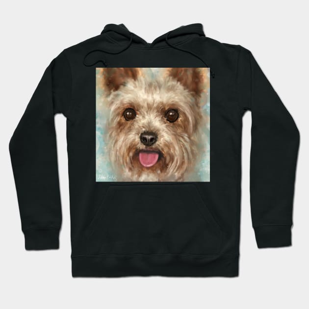 Painting of a Furry Yorkshire Terrier with Its Tongue Out on Cloudy Background Hoodie by ibadishi